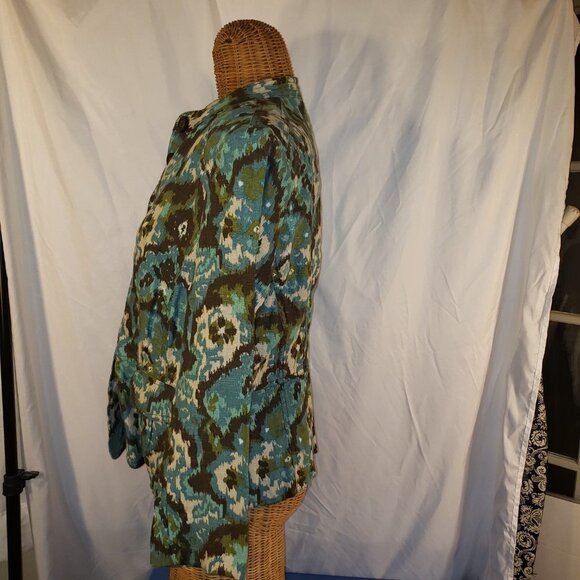 Charter Club Women's Blue Green Floral Linen Blend 3/4 Sleeve Shirt Jacket - M - Picture 2 of 4